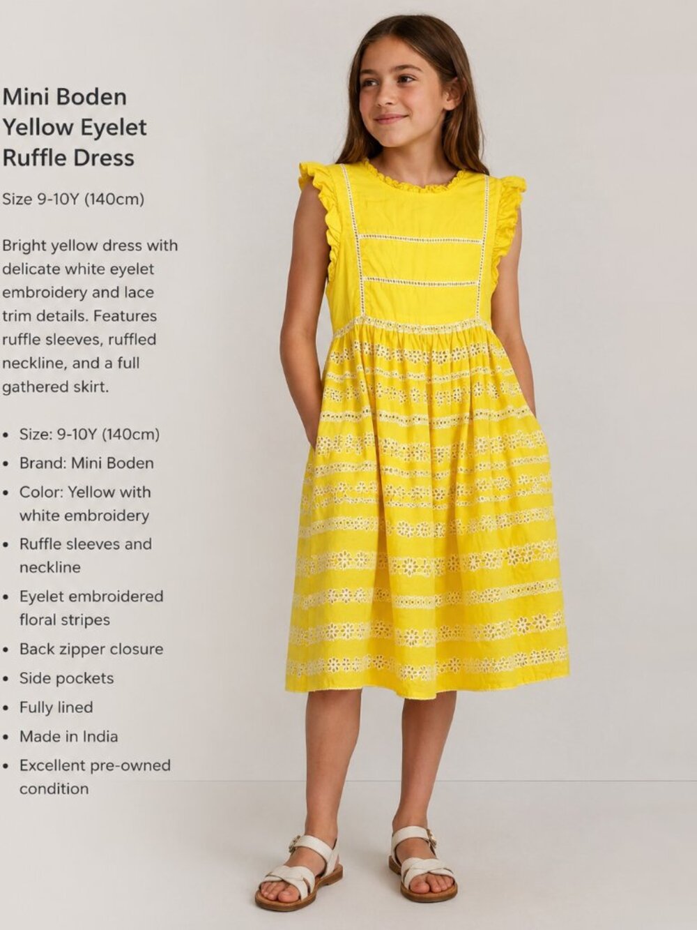 Mini Boden Yellow Eyelet Dress (Size 9-10 Years / 140 cm)